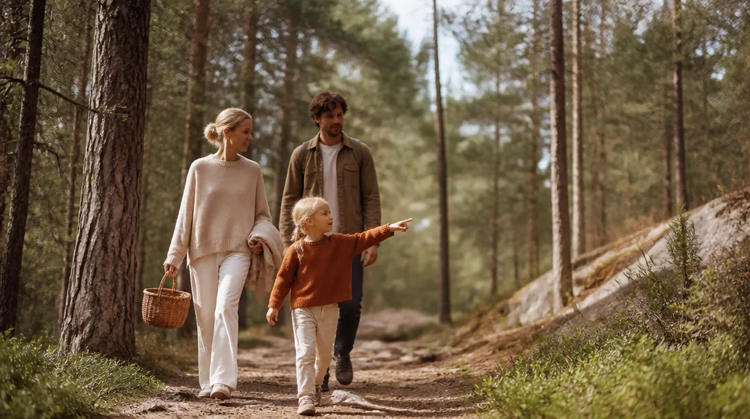 Familj vandrar längs en stig i Tyresta nationalpark