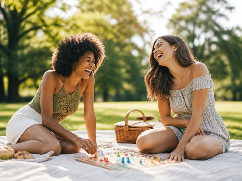 Två vänner sitter på en picknickfilt i parken och spelar ett brädspel en solig sommardag