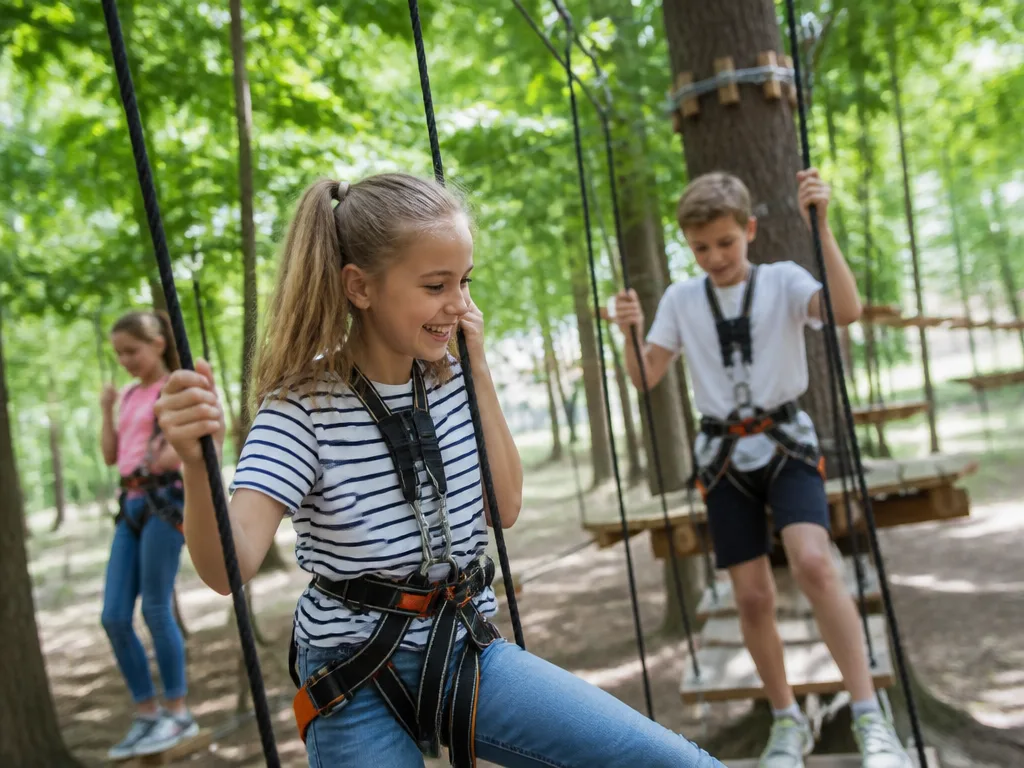 Barn i 10-12-årsåldern klättrar och skrattar i en utomhusäventyrspark i Stockholm