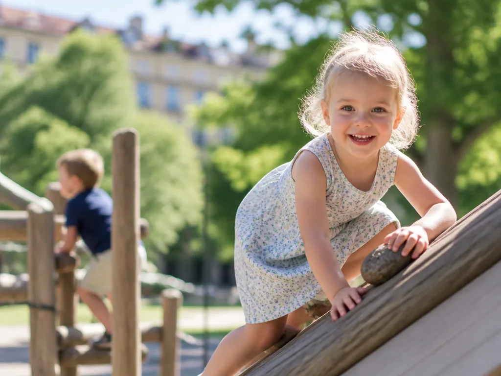 Barn i 3–5-årsåldern leker i en stockholmsk lekpark – klättrar och springer i solsken