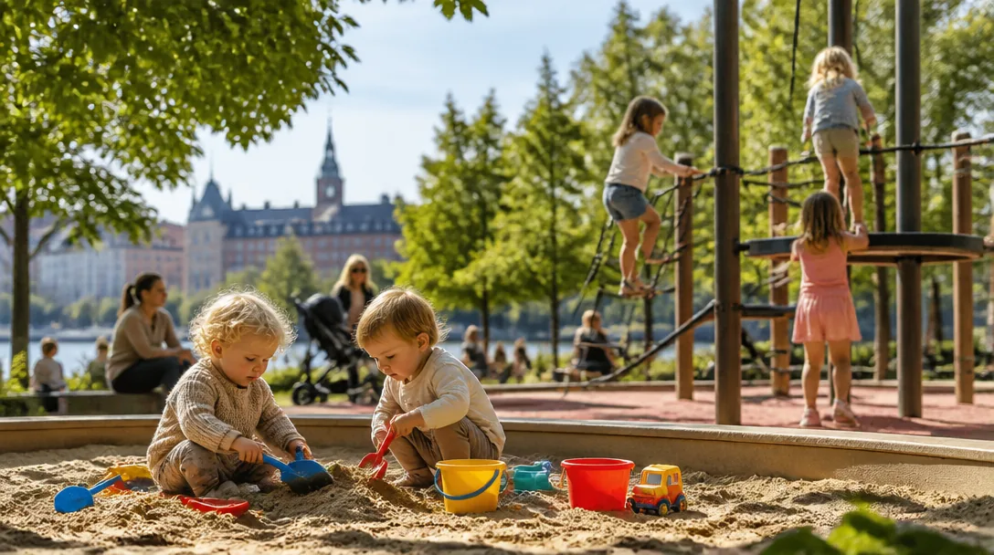 Barn i olika åldrar leker på en lekplats i Stockholm