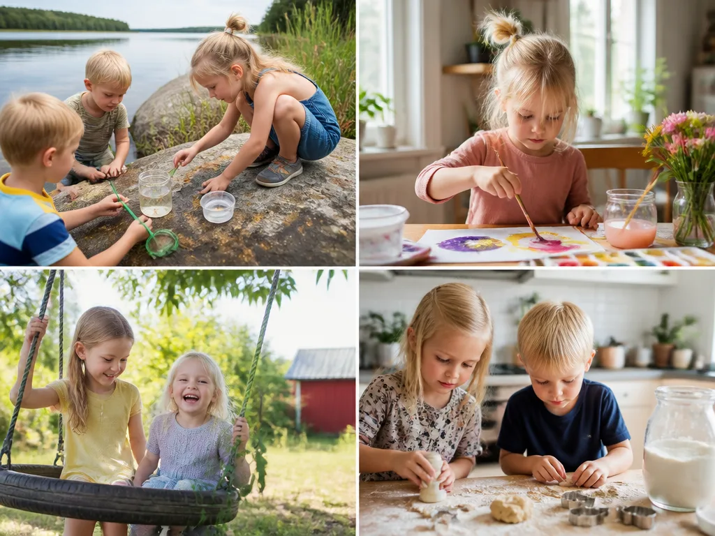 Barn i olika åldrar leker utomhus och pysslar hemma – aktiviteter för barn i alla årstider