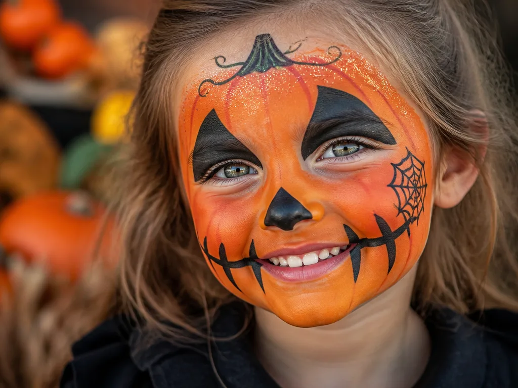 Barn med orange och svart pumpa-ansiktsmålning och ett litet spindelnät målat på kinden inför halloween