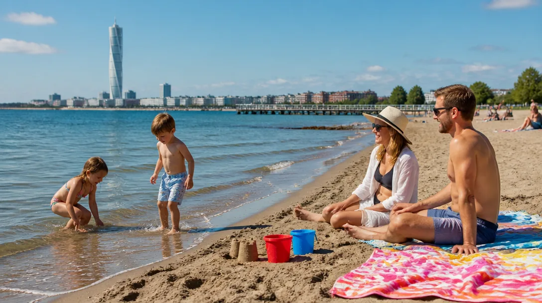 Barn leker i grunt vatten på Ribersborgsstranden i Malmö