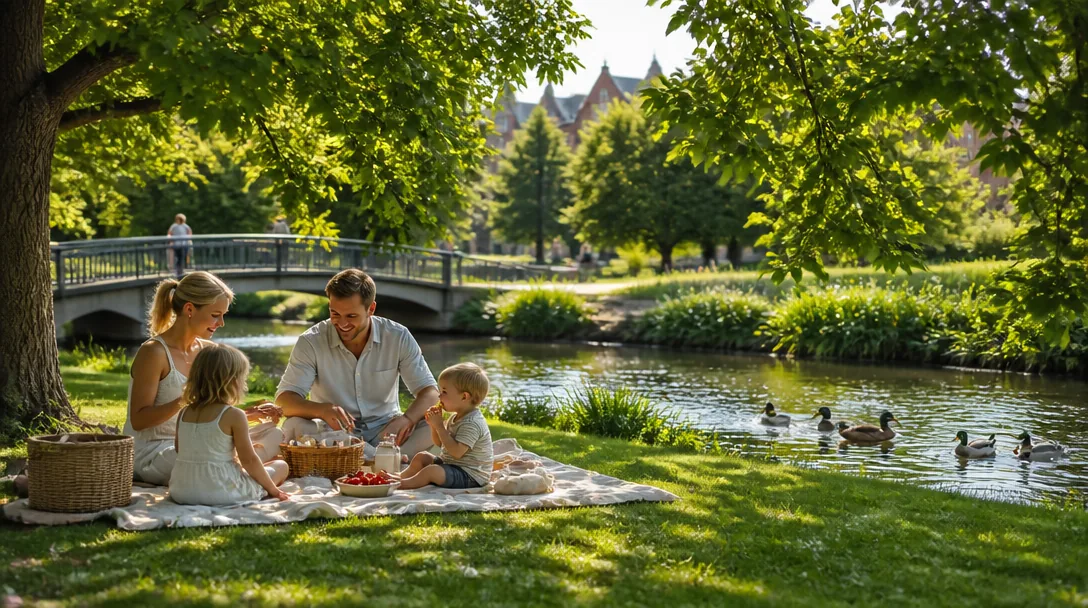 Familj picknick i Pildammsparken i Malmö med gröna träd och damm