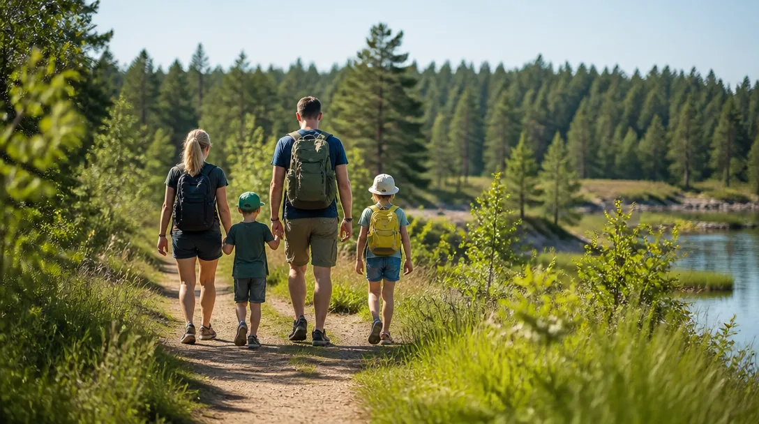 Barnfamilj på utflykt i grön natur nära Gävle på en solig sommardag