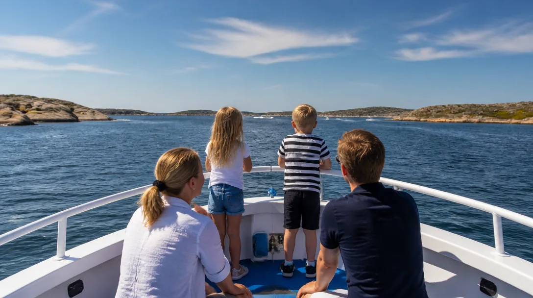 Familj åker båt till Göteborgs skärgård en sommardag