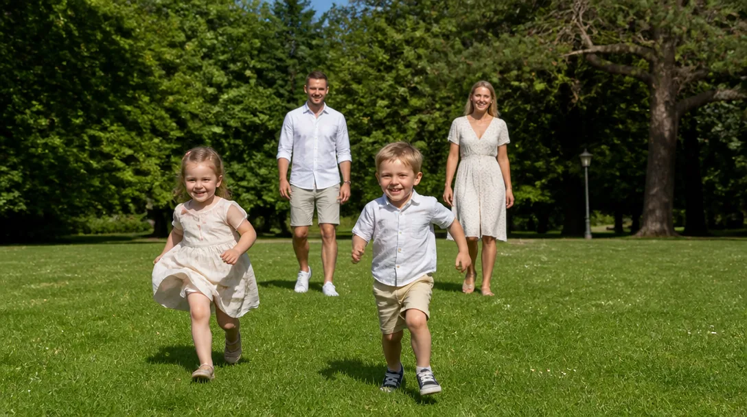 Familj med barn springer på en grön äng i Slottsskogen i Göteborg