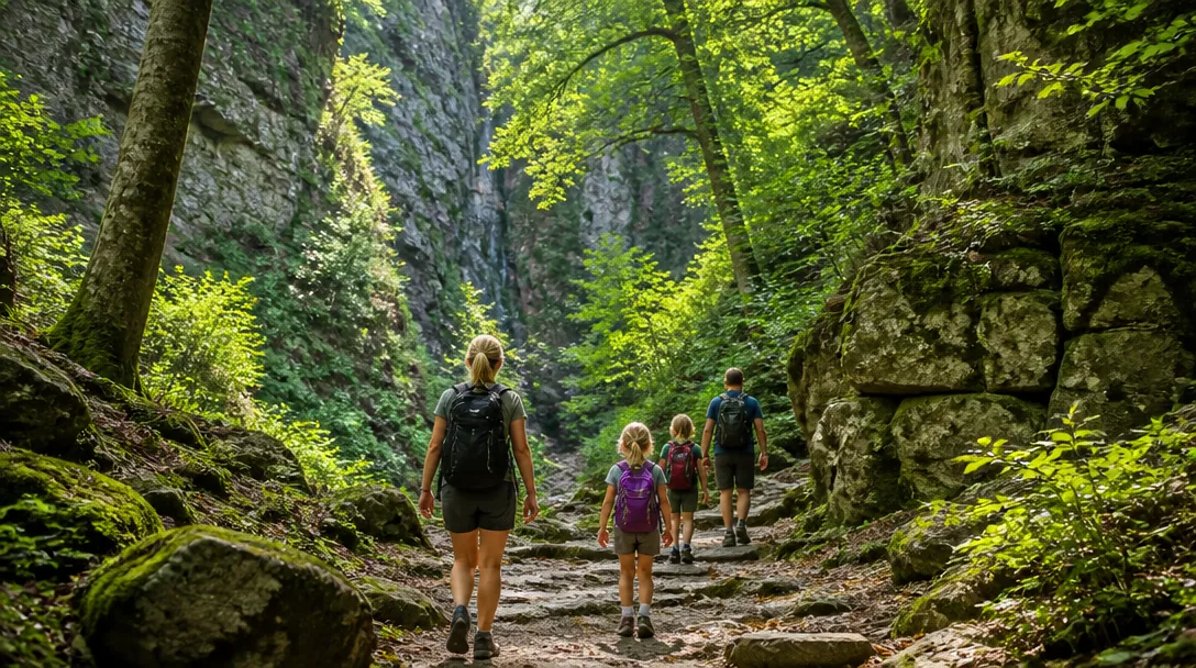 Familj vandrar i Söderåsens nationalpark i Skåne bland bokskog