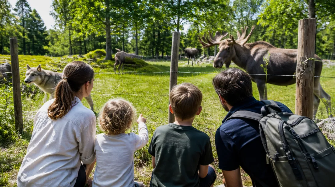 Familj tittar på nordiska djur på Skånes Djurpark en sommardag