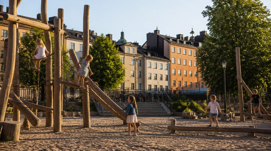 Barn leker på Bryggartäppans lekplats på Södermalm i Stockholm