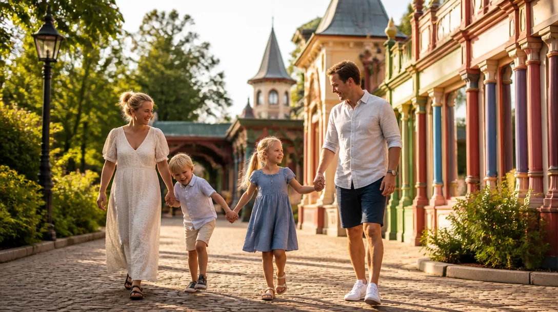 Familj med barn promenerar på Djurgården i Stockholm en sommardag