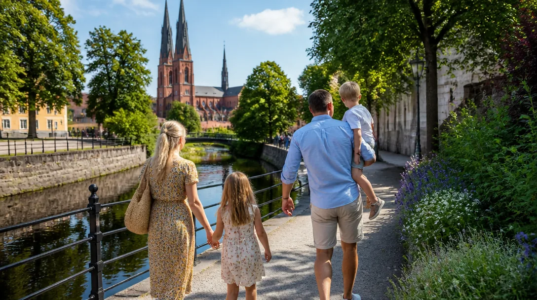 Familj promenerar längs Fyrisån i Uppsala med domkyrkan i bakgrunden på en solig sommardag