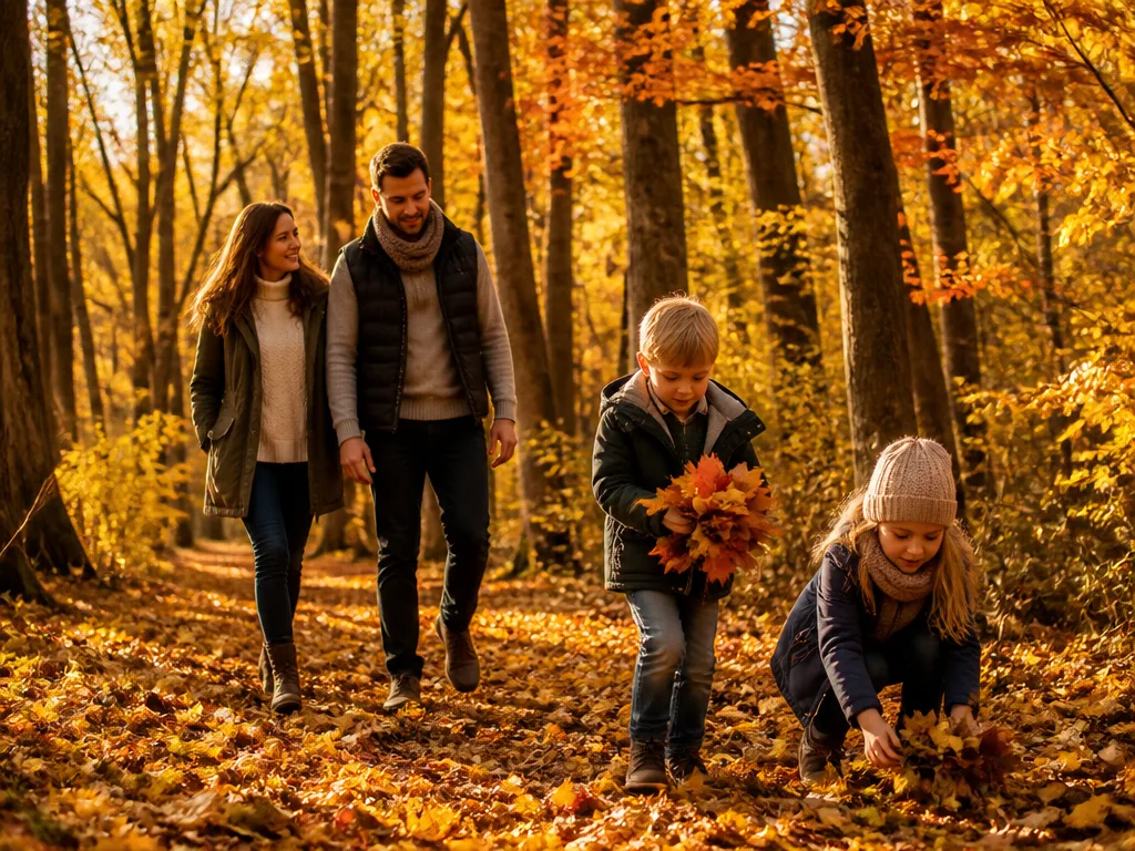 Familj med barn på höstpromenad i skogen med röda och gula löv