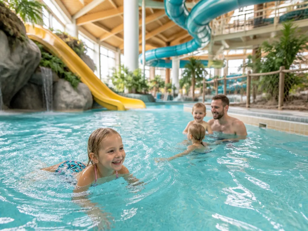 Familj med barn i ett ljust äventyrsbad med vattenrutschkanor, bubbelpool och bassänger