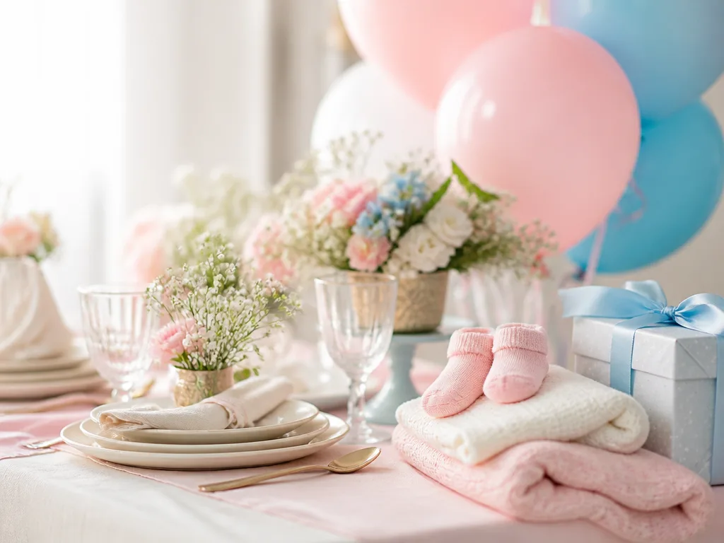 Pastellfärgat dukat bord med ballonger, babysockor och en liten presentbox inför en babyshower
