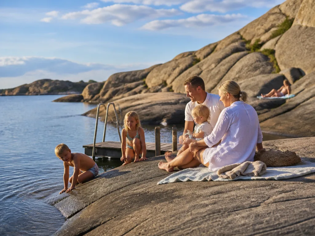 Familj som badar och solar på klippor vid en badplats i Göteborgs skärgård en solig sommardag