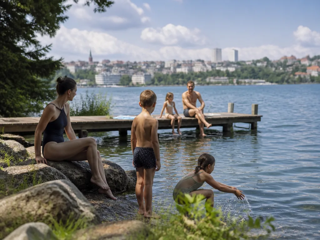 Familj som badar och solar vid en klippig badplats i Stockholm en solig sommardag