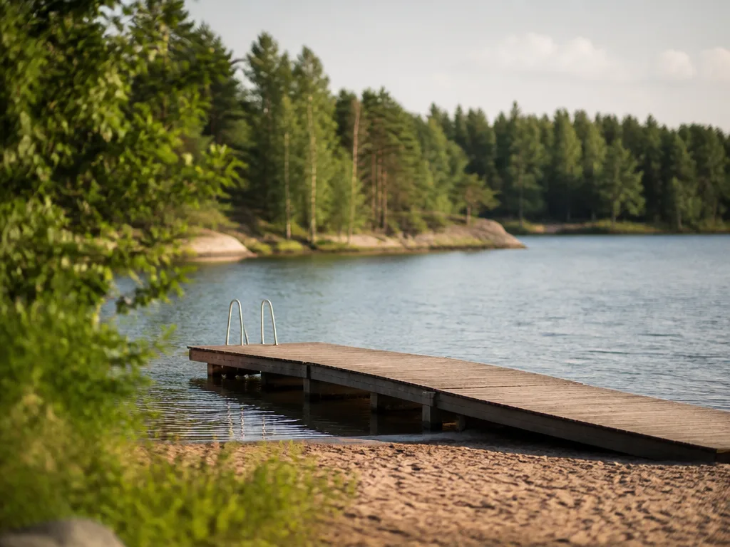 Träbrygga och sandstrand vid en lugn sjö en solig sommardag