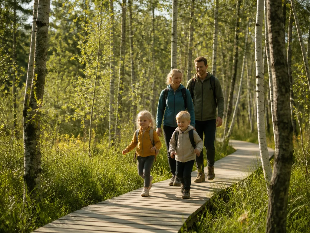 Familj med barn vandrar på en spångad stig genom björkskog i Sverige – barnvänlig vandringsled