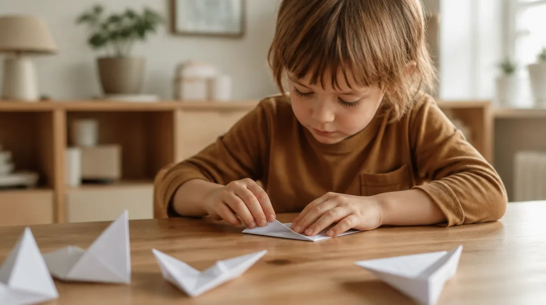 Barn viker origami av papper vid ett bord i naturligt ljus