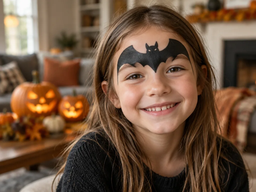 Leende flicka med en svart fladdermus målad över ögonbrynen och pannan, med tända halloweenpumpor i bakgrunden