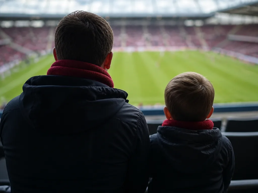 Förälder och barn sedda bakifrån på en fotbollsläktare med grön plan framför sig