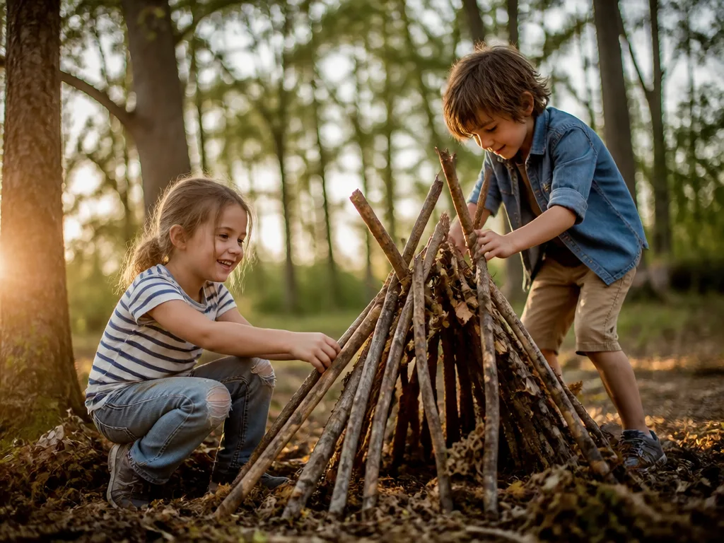 Barn bygger koja av pinnar och löv i skogen – gratis utomhusaktivitet en solig dag