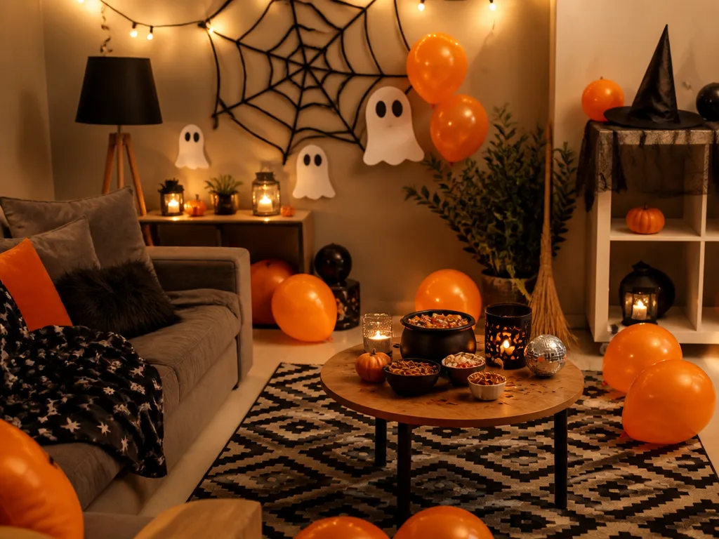 Mysigt vardagsrum inrett för halloweenfest med orangea ballonger, spindelnät på väggen, pappersspöken och en häxhatt