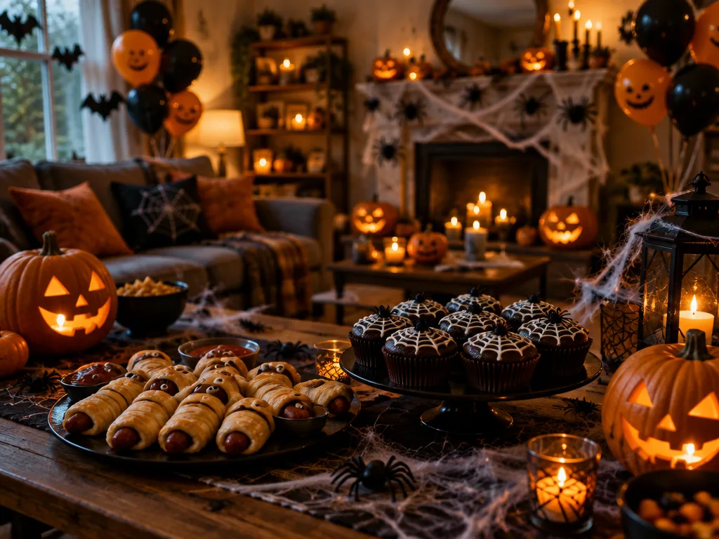 Vardagsrum pyntat för halloweenfest med karvade pumpor, spindelnät, orangea och svarta ballonger och ett bord med korvmumier och muffins