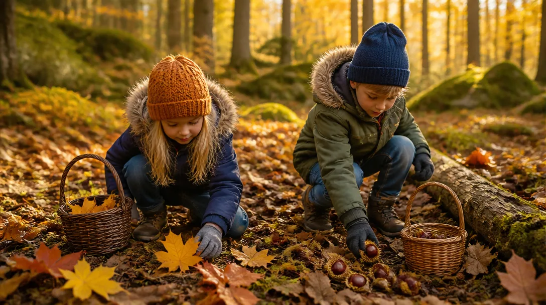 Barn plockar höstlöv och kastanjer i skogen till halloweenpyssel