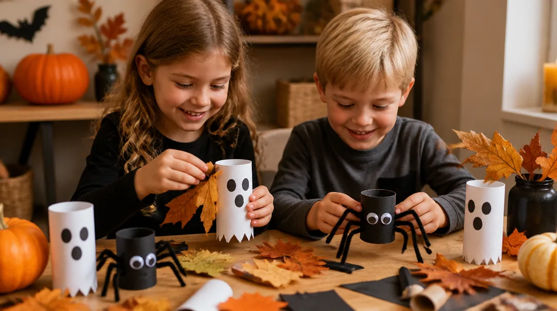 Barn gör halloweenpyssel med toarullar och orange papper hemma