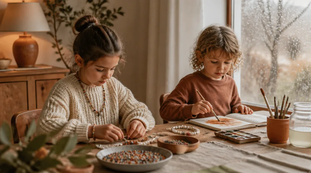 Barn pysslar vid köksbord med pärlor och papper