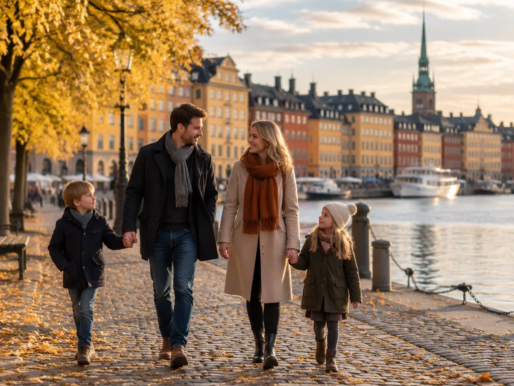 Familj med två barn promenerar längs en kaj i Stockholm en solig höstdag med gula löv och färgglada hus i bakgrunden