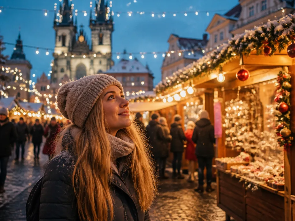 Upplyst julmarknad med trähus, granris och ljusslingor på ett torg i Göteborg en vinterkväll