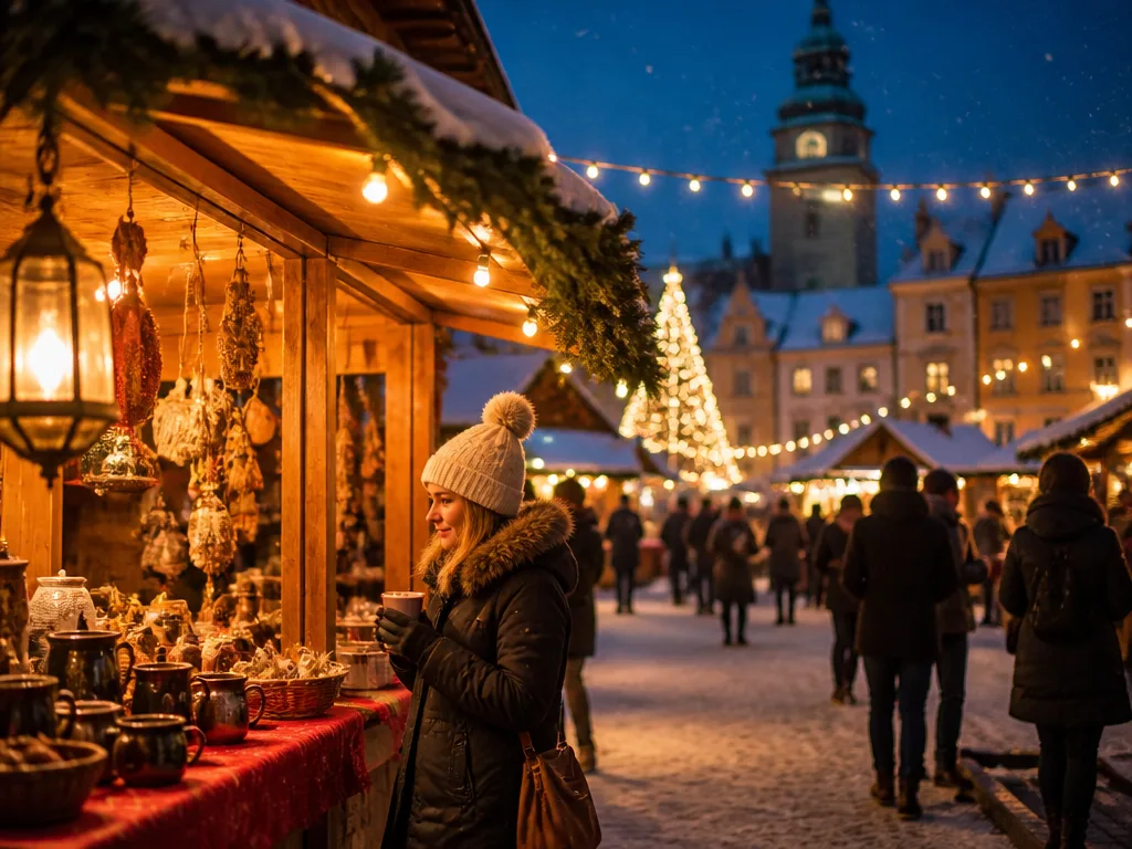 Upplyst julmarknad med julgranar och ljusslingor på ett torg i Malmö en vinterkväll