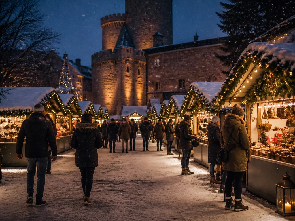 Upplyst julmarknad med granris och ljusslingor på en slottsgård i Skåne en vinterkväll