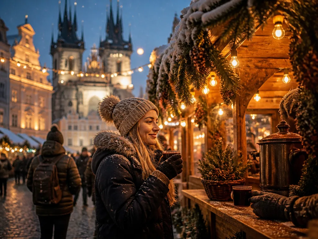 Upplyst julmarknad med träbodar, granris och ljusslingor på ett torg i Stockholm en vinterkväll