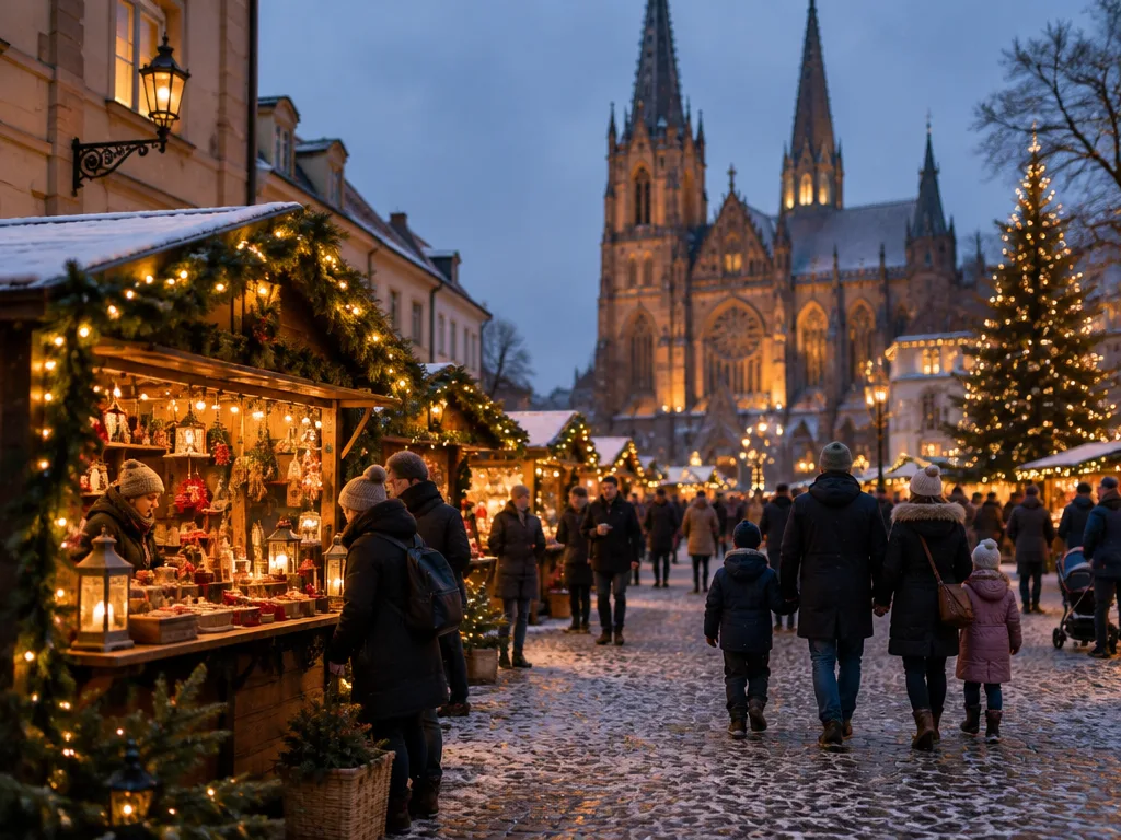 Familjer strosar mellan upplysta marknadsbodar på ett snöigt kullerstenstorg framför en gotisk katedral en decemberkväll