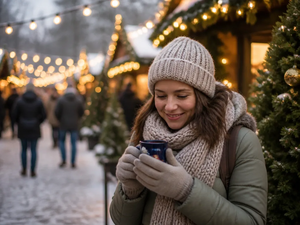 Upplyst julmarknad med träbodar, julgran och glögg en mörk vinterkväll