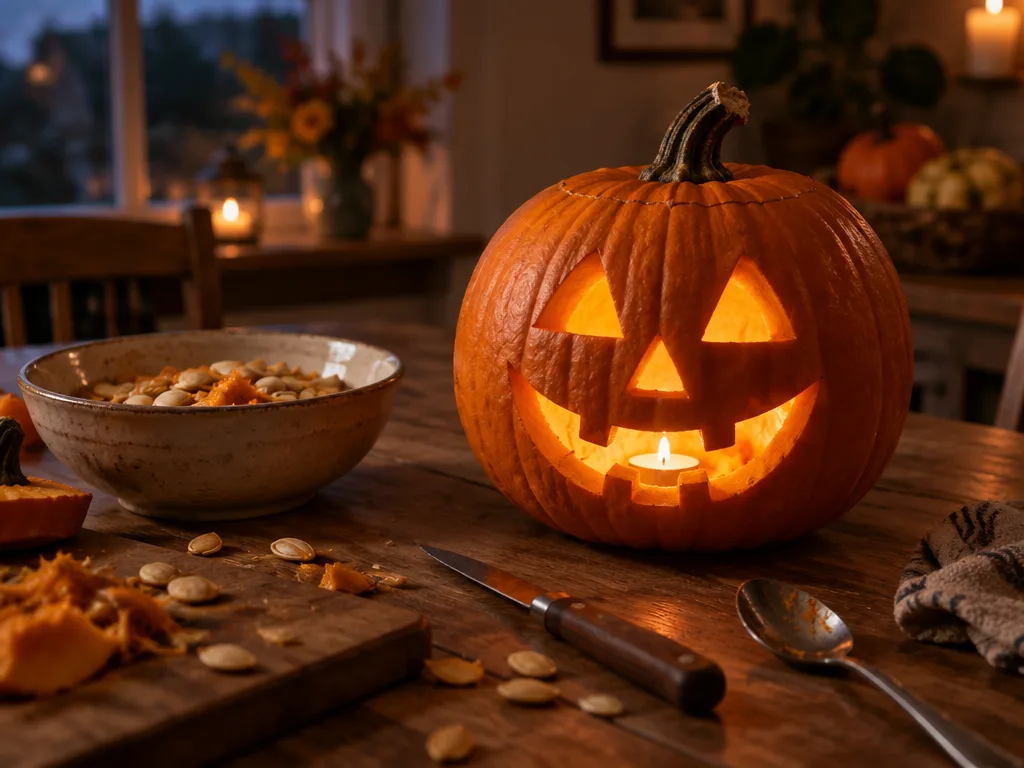 Karvad halloweenpumpa som lyser med ett värmeljus på ett köksbord bredvid en skål med urgröpta kärnor