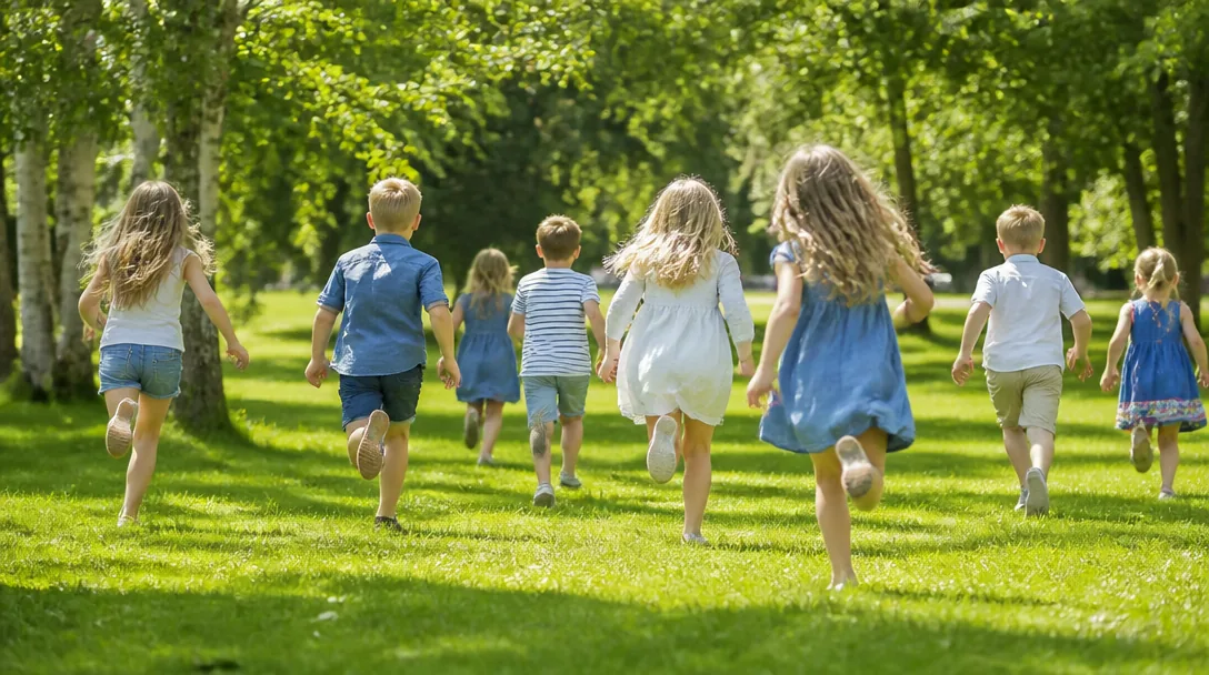 Grupp barn som leker utomhus i park på en solig sommardag, sett bakifrån