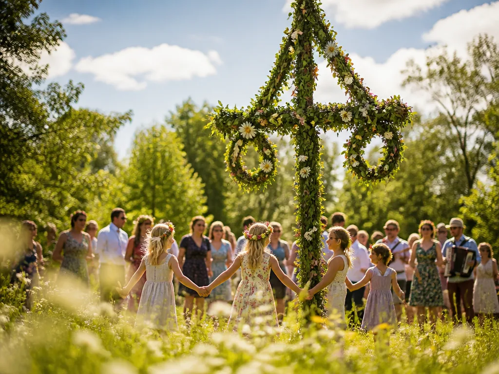 Klädd midsommarstång i en solig äng med blommor och glada gäster i bakgrunden