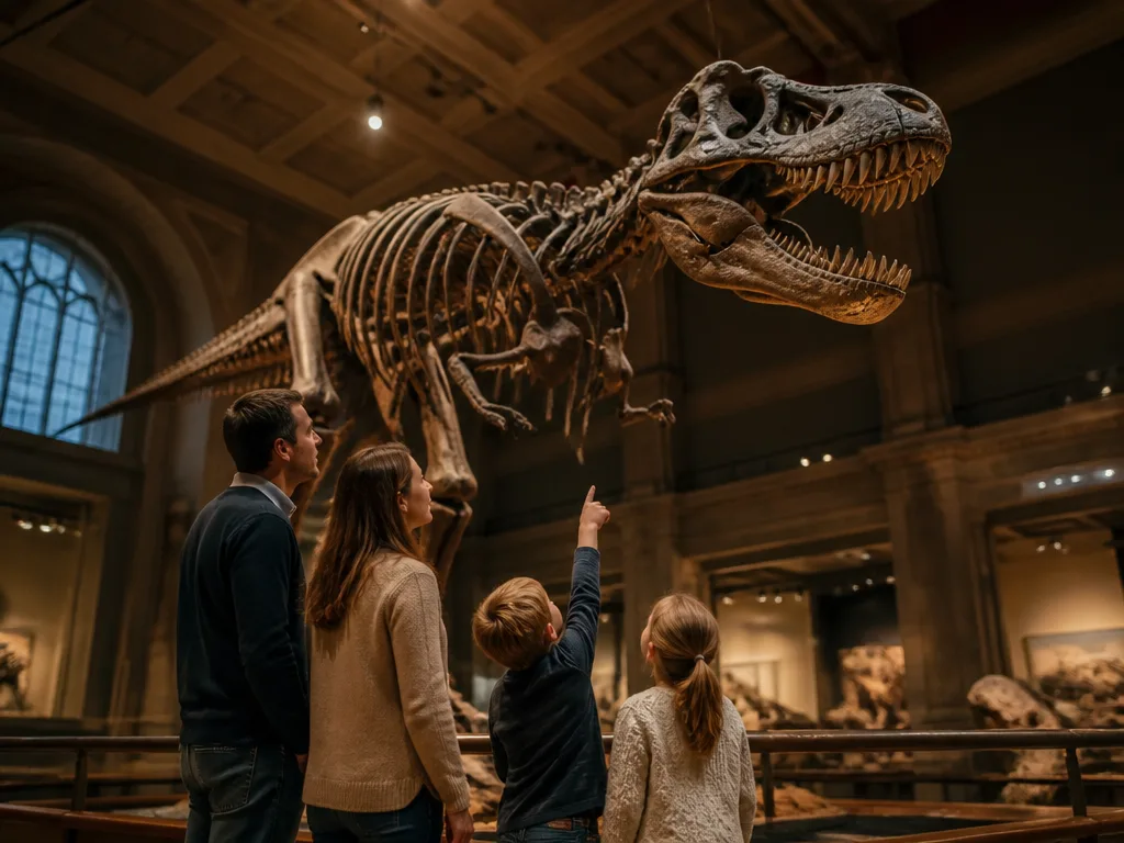Familj med barn som tittar upp på ett stort dinosaurieskelett på ett naturhistoriskt museum