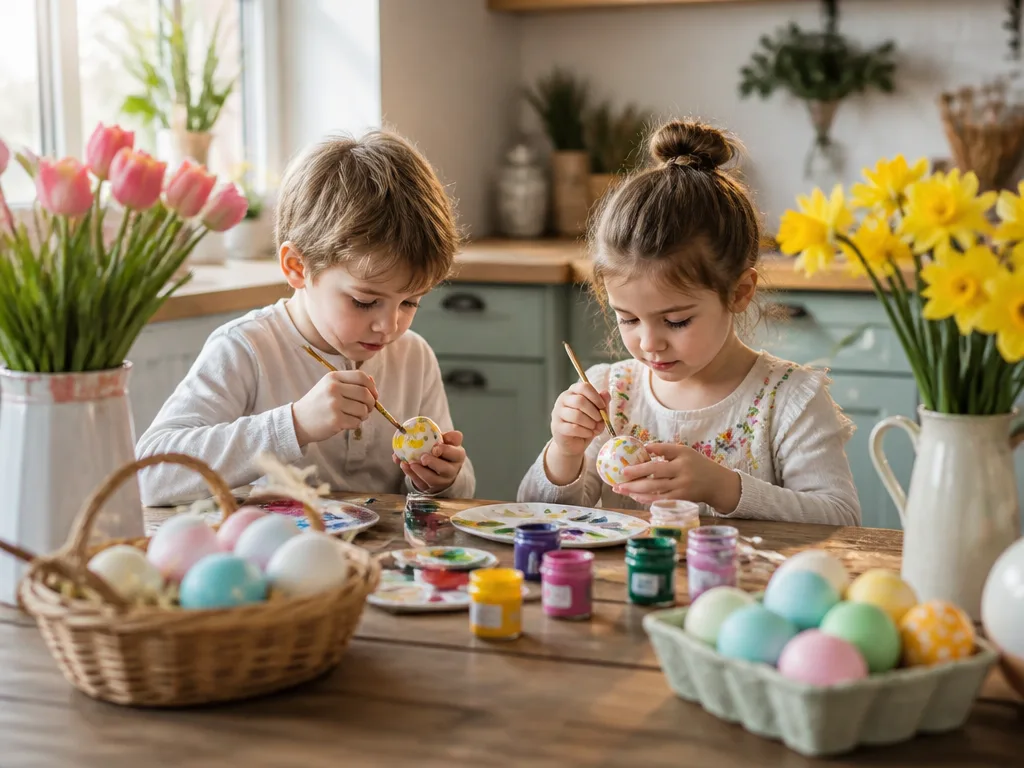 Barn målar färgglada påskägg vid ett träbord med vårblommor och pastellfärger