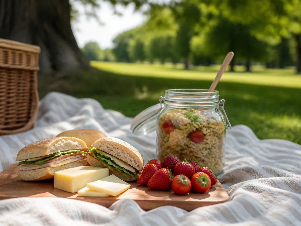 Picknickfilt utomhus med mackor, sallader i burkar, ost och färska bär