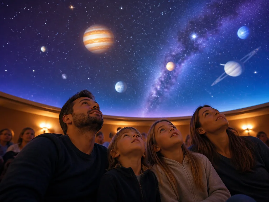 Barn och föräldrar tittar upp mot en stjärnhimmel projicerad i en planetariekupol