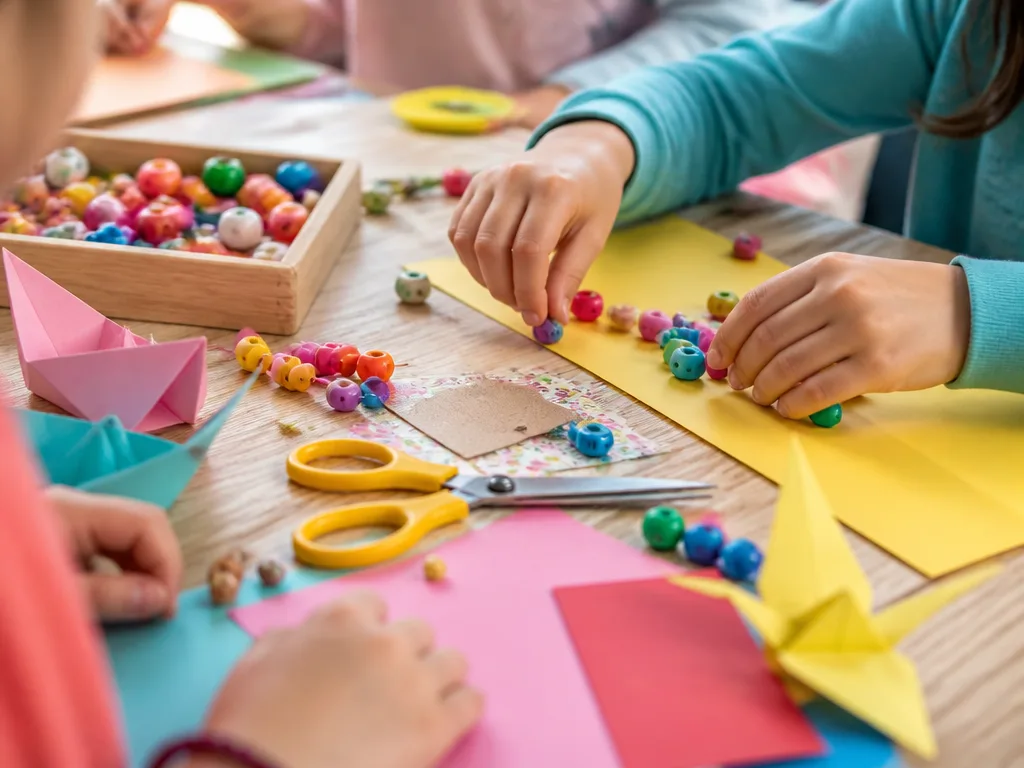 Barns händer arrangerar färgglada pärlor och origamipapper på ett träbord vid ett kreativt pysselprojekt