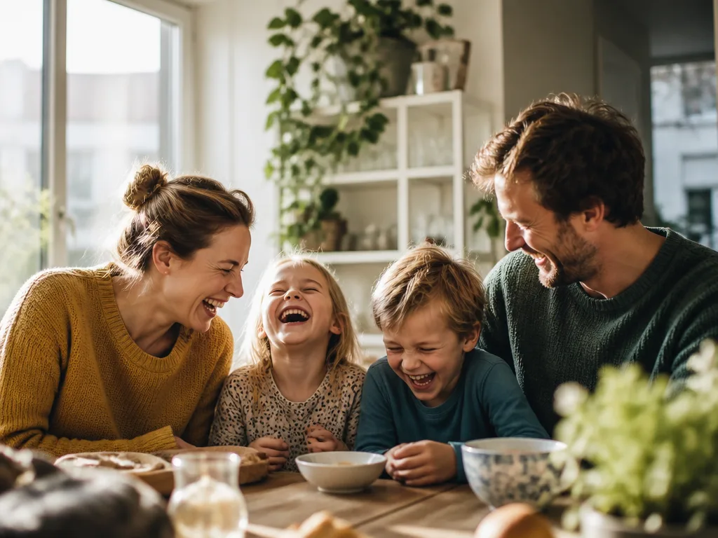 En familj skrattar tillsammans runt köksbordet medan barnen kiknar åt en vits