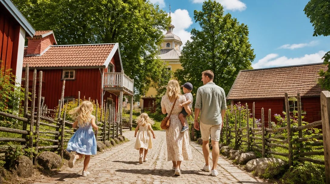 Barn springer längs en sagostig på Astrid Lindgrens Värld i Vimmerby